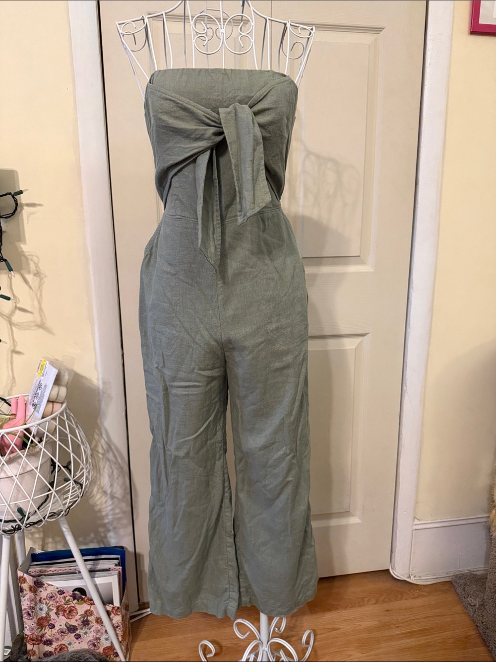 Abercrombie & Fitch Olive Green Strapless Tie-Front Jumpsuit